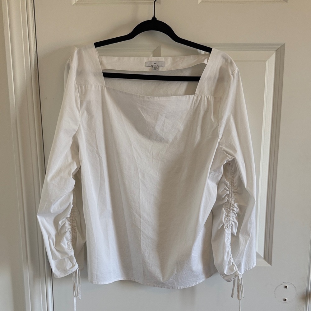 H Halston Poplin Square Neck Drawstring Sleeve  top Size XL